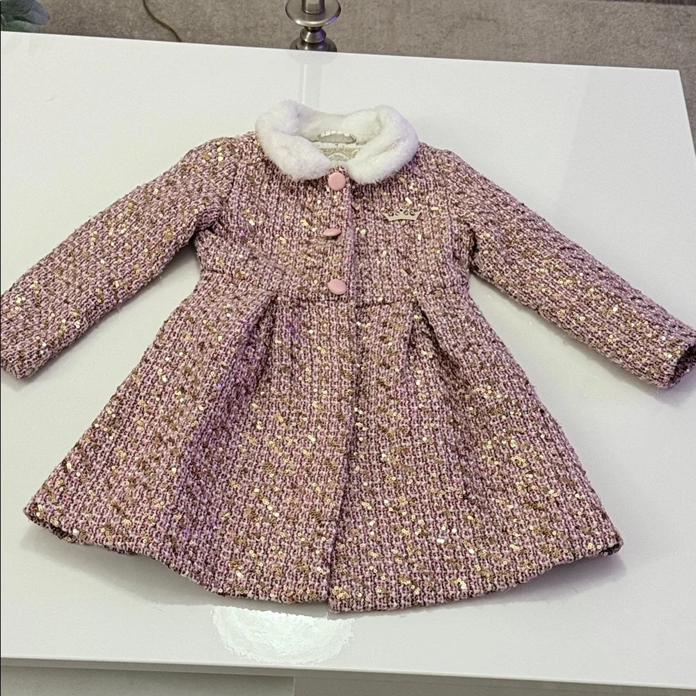 Disney Princess Tweed Coat Girls 5/5 Pink Sequins Faux Fur Dress-up Fairytale